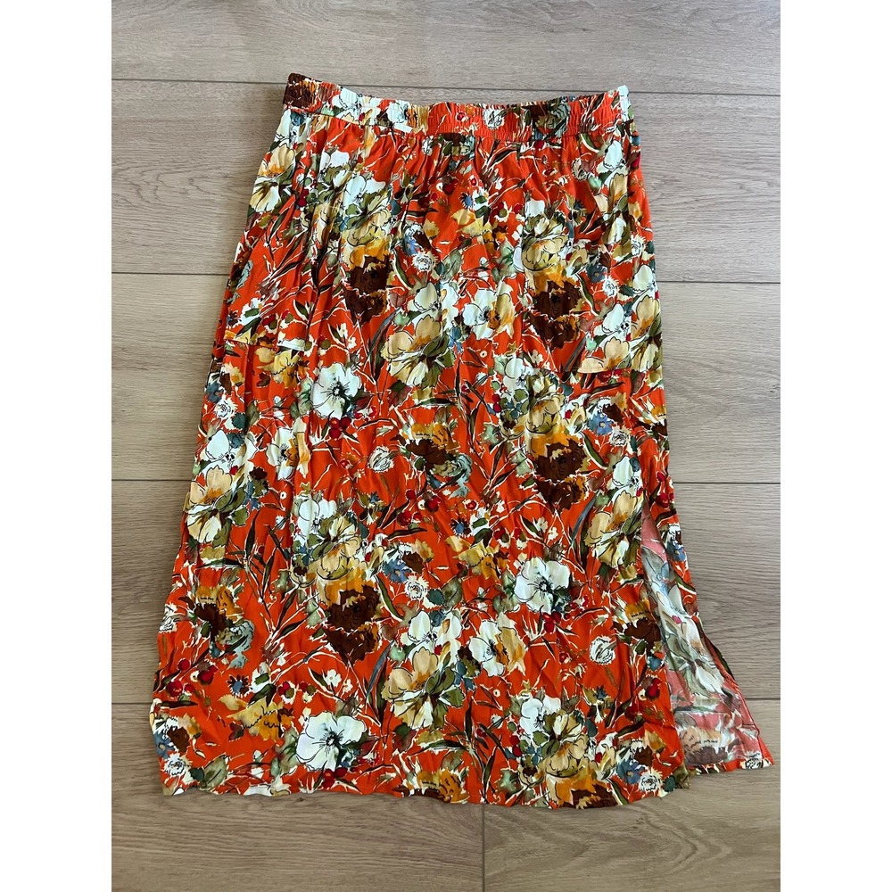Suzie Winkle Floral Print Maxi Skirt Orange Brown White‎ Elastic Waist